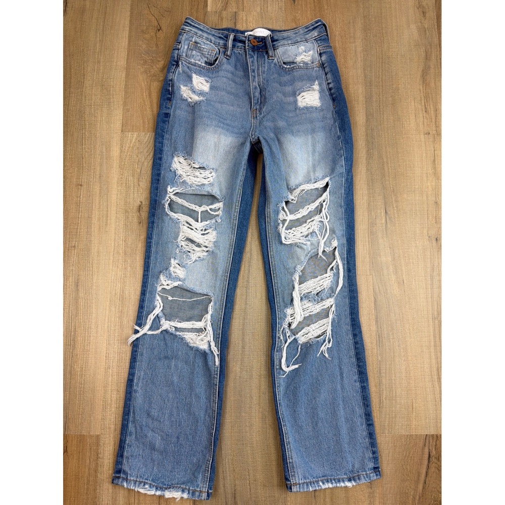 Vervet Blue Two Tone Distressed High Rise Straight Leg Jeans T5423 Size 25